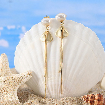 Boucles d'oreilles en perles baroques naturelles, 925 boucles d'oreilles pendantes en forme d'éventail et de chaînes en argent sterling, avec cachet s
