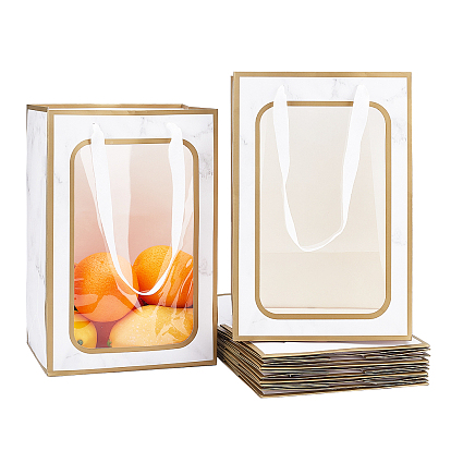 Прямоугольные бумажные пакеты, с ленточными ручками и окошками, для подарочных пакетов и сумок, мраморный узор