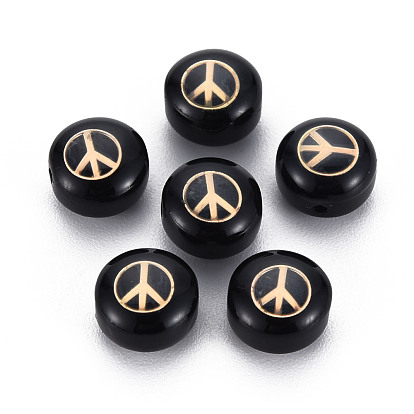 Handmade Lampwork Beads, with Golden Plated Brass Etched Metal Embellishments, Flat Round with Peace Sign