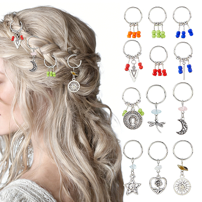 48Pcs 12 Style Natural Labradorite & Cherry Quartz Glass & Aquamarine & Alloy Hair Styling Tools