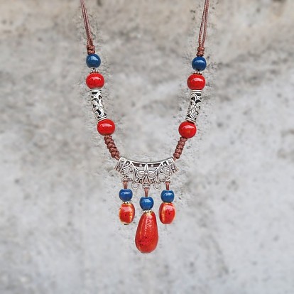 Ожерелья из богемского сплава с фарфоровой каплевидной бусиной и кисточкой, регулируемые, античное серебро