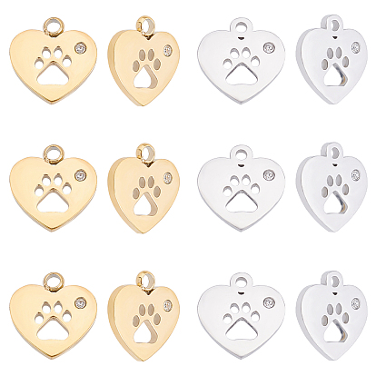 304 Stainless Steel Charms, Manual Polishing, with Crystal Rhinestone, Heart with Dog Paw Printed