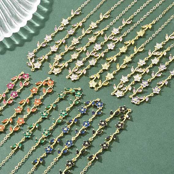 Brass Pave Cubic Zirconia Flower Link Chain Necklaces, Cadmium Free & Lead Free, Rack Plating, Long-Lasting Plated, Real 18K Gold Plated