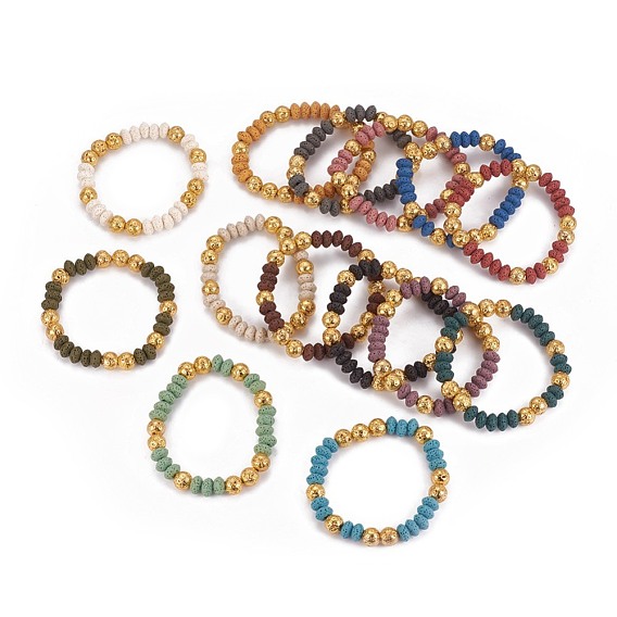 Natural Lava Rock Stretch Bracelets, with Golden Plated Lava Rock Round Beads