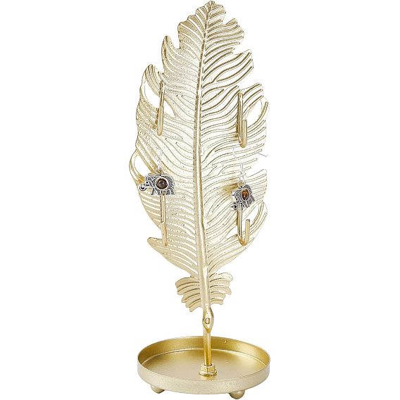 Ohrringständer aus Eisen mit rundem Tablett, Ohrring-Organizer-Halter-Ornament, golden, Feder-/Blattmuster