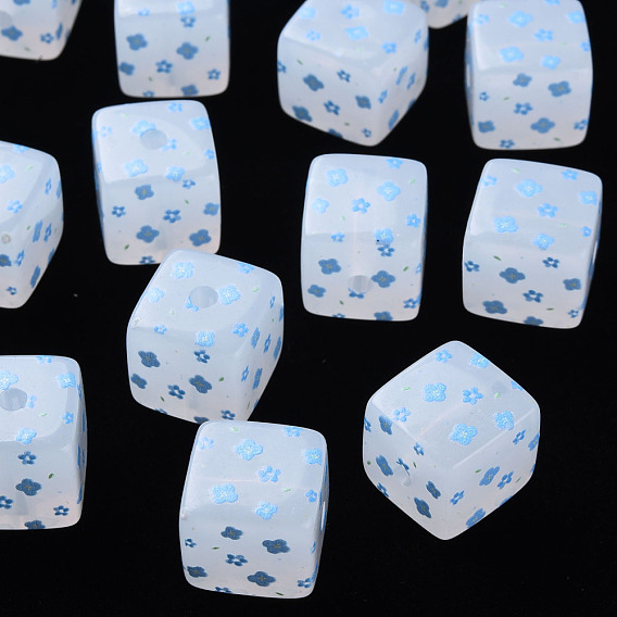 Printed Acrylic Beads, Square with Flower Pattern