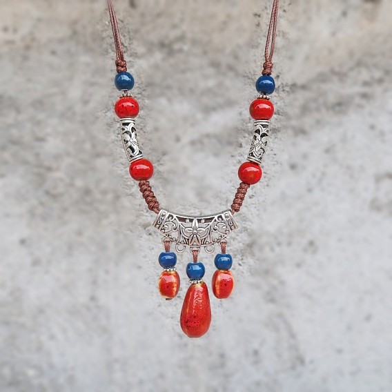 Ожерелья из богемского сплава с фарфоровой каплевидной бусиной и кисточкой, регулируемые, античное серебро