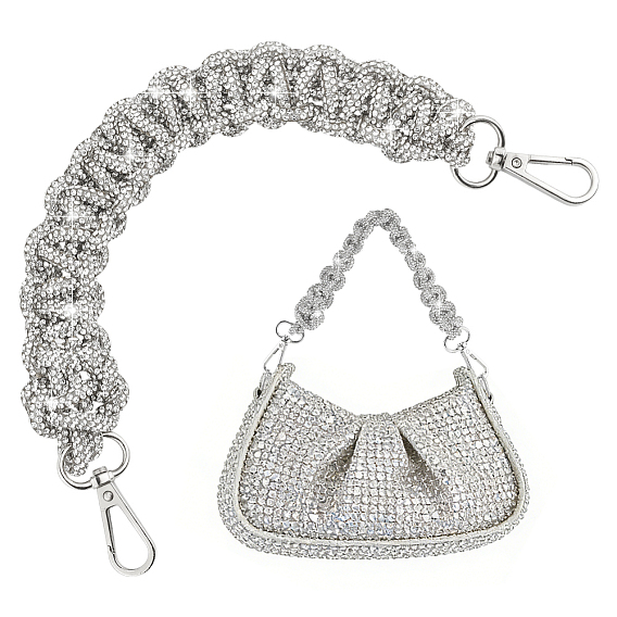 1Pc Rhinestone Braided Cord Bag Handles, with Metal Swivel Clasps, Platinum