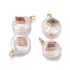 Natural Cultured Freshwater Pearl Pendants, with Brass Cubic Zirconia Findings, Nuggets with Rhombus, Golden