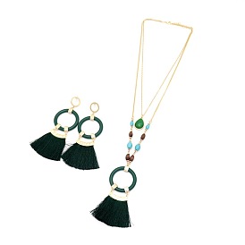 Green Stone Water Drop Double Layered Green Wood Bead Necklace and Earring Set