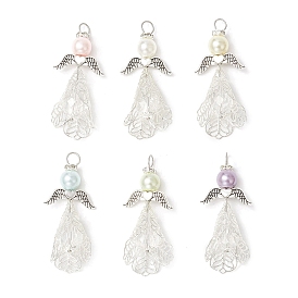 6шт 6 цвета перламутровые стеклянные жемчужины круглые бусины подвески, ангел, с латунными филигранными бусинами и крылышками из сплава