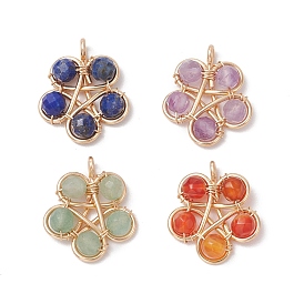 4Pcs 4 Styles Natural Stone Bead Pendants, with Natural Carnelian & Lapis Lazuli & Amethyst & Green Aventurine Faceted Round Beaded Flower Pendants, Copper Wire Wrapped Charms, Golden