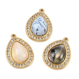 304 Stainless Steel & Acrylic Pendants, Teardrop Charms, with Rhinestone, Ion Plating(IP), Real 18K Gold Plated