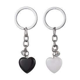 Natural Black Stone & Natural White Jade Heart Keychains, Alloy Magnetic Heart Clasp Couple Keychain