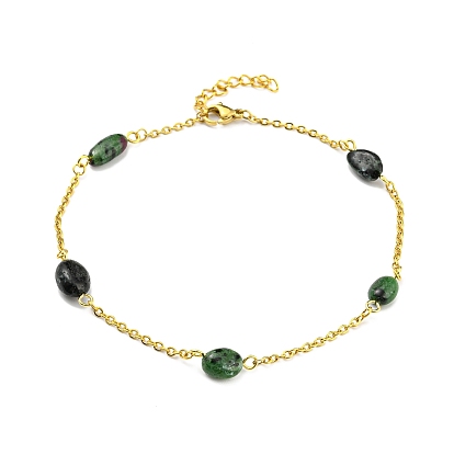 Natural Mixed Gemstone Nuggets Beaded Anklet with Vacuum Plating 304 Stainless Steel Chains