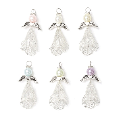6шт 6 цвета перламутровые стеклянные жемчужины круглые бусины подвески, ангел, с латунными филигранными бусинами и крылышками из сплава