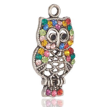 Antique Silver Alloy Rhinestone Owl Pendants for Halloween Jewelry, 33x17x4mm, Hole: 2mm