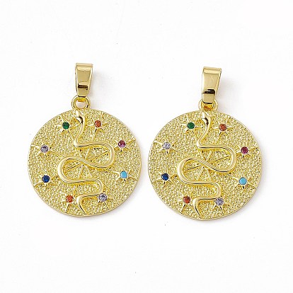 Brass Micro Pave Cubic Zirconia Pendants, with Glass Rhinestone, Real 18K Gold Plated, Flat Round with Snake Charm