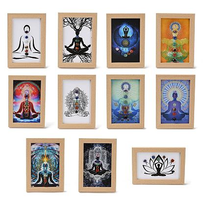 Yoga Gemstone Chakra Picture Frame Stand, with Wood Rectangle Picture Frame, Reiki Energy Stone Home Office Decoration
