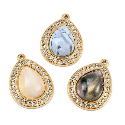 304 Stainless Steel & Acrylic Pendants, Teardrop Charms, with Rhinestone, Ion Plating(IP), Real 18K Gold Plated