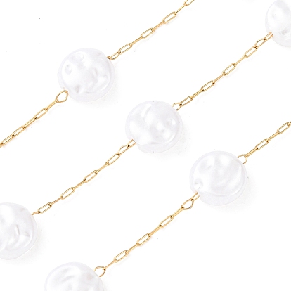 304 Цепи из нержавеющей стали и АБС-пластика с плоскими круглыми бусинами, ионное покрытие (ip), пайки, с катушкой