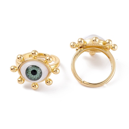 Adjustable Brass Enamel Finger Rings, Long-Lasting Plated, Real 18K Gold Plated, Evil Eye