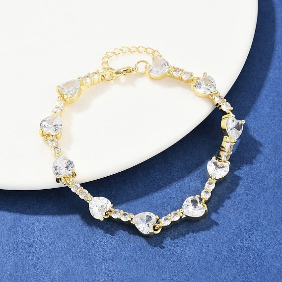 Латунные браслеты с микропаве из прозрачных кубических цирконий для женщин, сердце, стойки покрытие, долговечный, без свинца и без кадмия