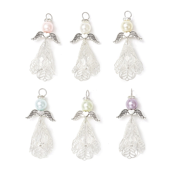 6шт 6 цвета перламутровые стеклянные жемчужины круглые бусины подвески, ангел, с латунными филигранными бусинами и крылышками из сплава