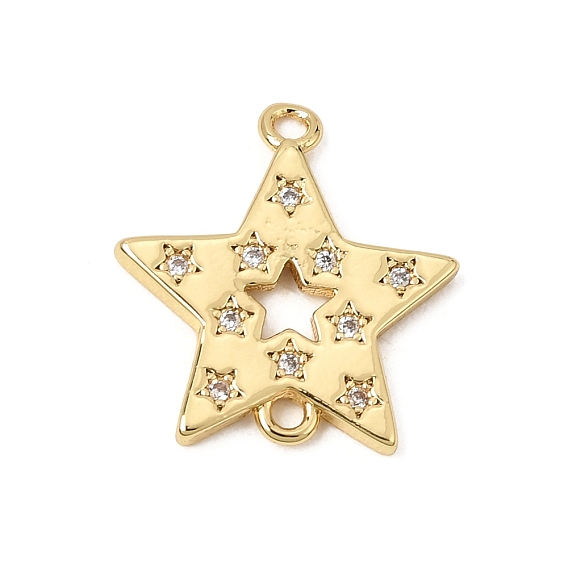 Brass Micro Pave Clear Cubic Zirconia Connector Charms, Star Links, Rack Plating, Long-Lasting Plated, Cadmium Free & Lead Free