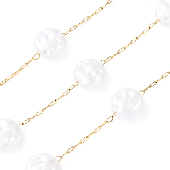 304 Цепи из нержавеющей стали и АБС-пластика с плоскими круглыми бусинами, ионное покрытие (ip), пайки, с катушкой