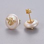 Natural Pearl Stud Earrings, with Brass Micro Pave Cubic Zirconia Findings, Flat Round with Bees, Long-Lasting Plated, with Ear Nuts