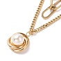 304 Stainless Steel Double Chains Multi Layered Necklace with Plastic Pearl Flower Charm for Women