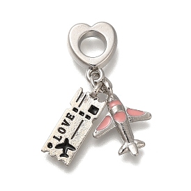 Rack Plating Alloy Pink & Black Enamel European Dangle Charms, Airplane & Ticket Large Hole Charms