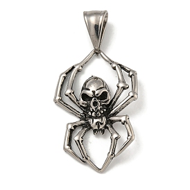 316 Surgical Stainless Steel Pendants, Spider with Skull Charm