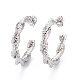 304 Stainless Steel Half Hoop Earrings, Stud Earrings, Hypoallergenic Earrings, with Ear Nut, Twisted, Textured, Ring