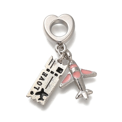 Подвески-шармы из розового и черного эмалевого сплава с креплением на стойку, подвески с большими отверстиями в виде самолета и билета