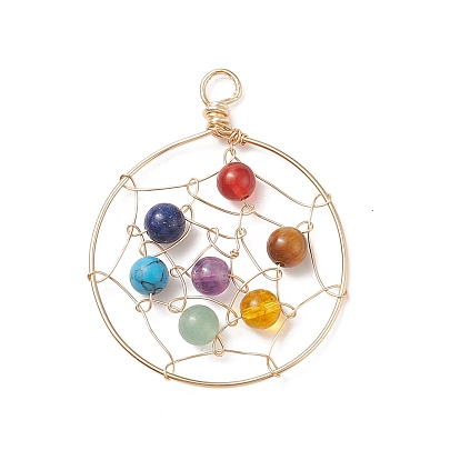 7 Chakra Gemstone Big Pendants, Flat Round Charms with Mixed Stone Round Beads, with Eco-Friendly Copper Wire Wrapped, Mixed Dyed and Undyed