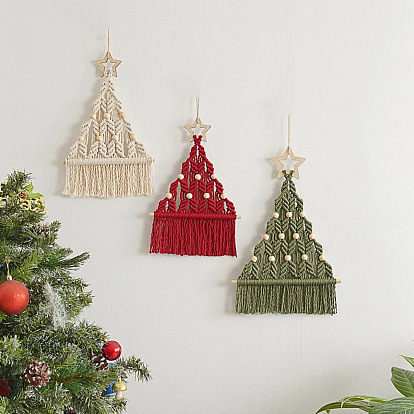 DIY Star Christmas Tree Tassel Pendant Decoration Macrame Kits, including Cotton Rope and Wooden Star