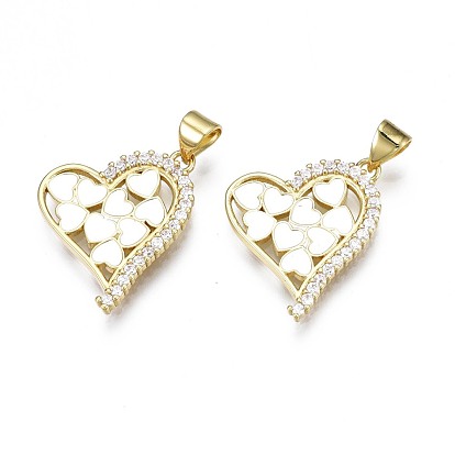 Brass Micro Pave Clear Cubic Zirconia Pendants, with Enamel and Brass Snap on Bails, Nickel Free, Real 18K Gold Plated, Heart