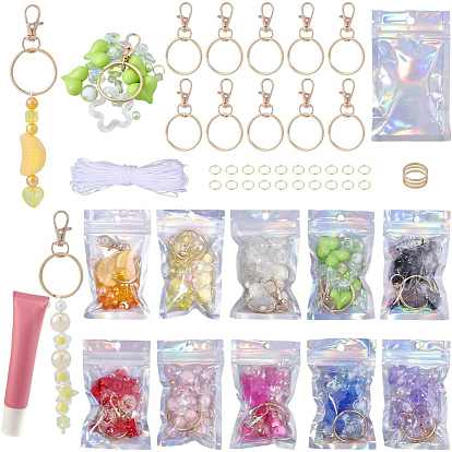 DIY Keychain Kits, including Zinc Alloy Swivel Lobster Claw Clasps, Iron Keychain Clasps & Jump Rings, Acrylic Beads, Zip Top Plastic Laser Bags, Brass Rings, Nylon Thread