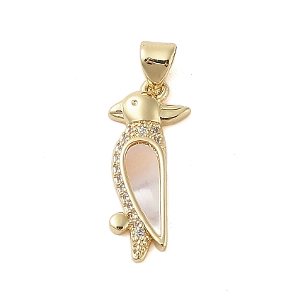 Brass Micro Pave Clear Cubic Zirconia Pendants, Cadmium Free & Lead Free, with Shell, Brid