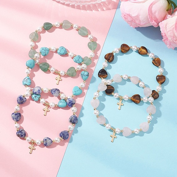 Эластичные браслеты из натуральных и синтетических драгоценных камней: сердца и жемчужные бусины в форме ракушек., 304 Браслеты с подвесками в виде крестов из нержавеющей стали для женщин