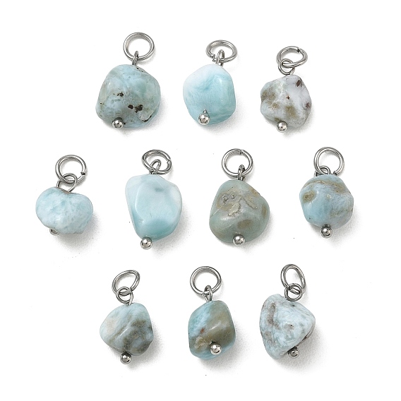 Natural Larimar Pendants, Nuggets Charms with 304 Stainless Steel Open Jump Rings