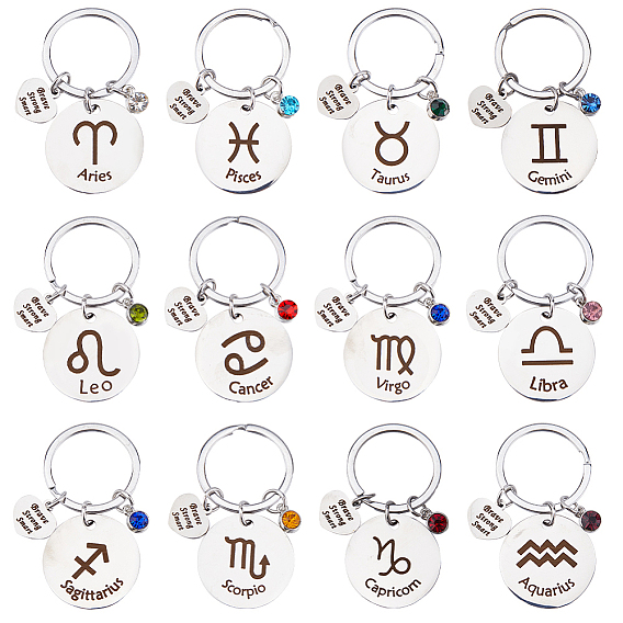 12 шт. 12 стили брелок из нержавеющей стали со стразами, цвет нержавеющей стали