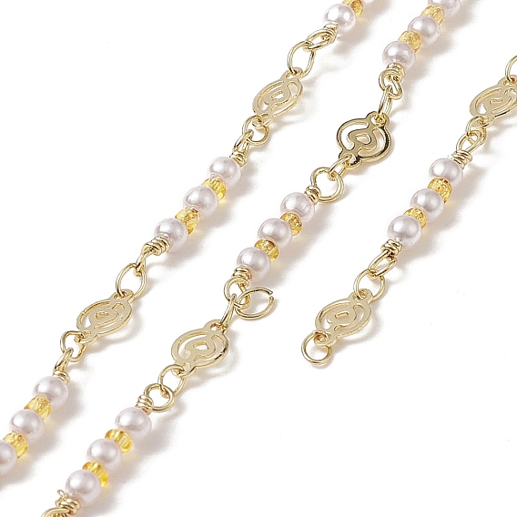 Rack Plating Golden Brass Flat Round with Heart Link Chains, with Plastic Pearl Beaded, Unwelded, with Card Paper