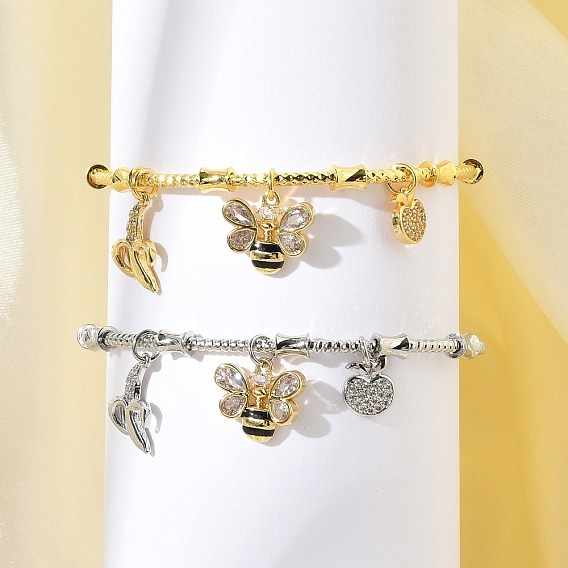 Браслеты с подвесками из латуни с микропаве из прозрачных кубических цирконий для женщин, банан и пчела и яблоко, с эмалью, без свинца и без кадмия, долговечный