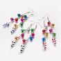 Alloy Enamel Dangle Earrings, with Brass Bell, Christmas Candy Cane, Platinum