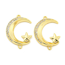 Rack Plating Brass Micro Pave Clear Cubic Zirconia Moon with Star Connector Charms, Cadmium Free & Lead Free, Long-Lasting Plated