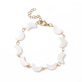 Natural Shell Moon Link Chain Bracelet, 304 Stainless Steel Jewelry for Women, Golden