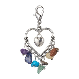Alloy Heart Pendant Decoration, with Tassel Natural & Synthetic Gemstone Chip